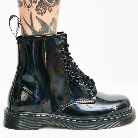 RARE Dr. Martens Rainbow Holographic Patent Leather Combat Boots 5 Black Grunge - Picture 1 of 11